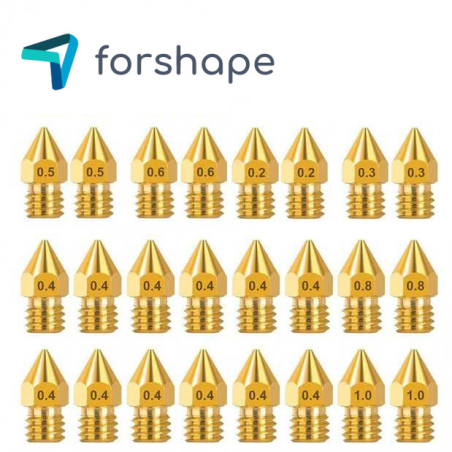 Pack of 24 MK8 Brass Nozzles Forshape (2 x 0.2mm, 2 x 0.3mm, 12 x 0.4mm, 2 x 0.5mm, 2 x 0.6mm, 2 x 0.8mm, 2 x 1.0mm)