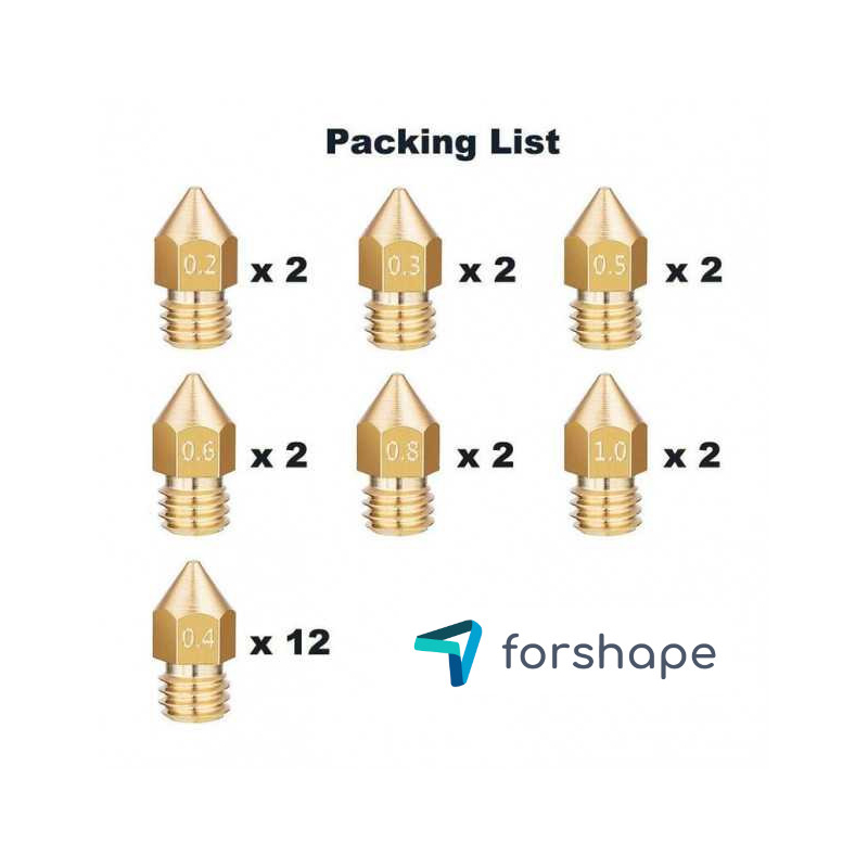 Lot de 24 Buses Laiton MK8 Forshape (2 x 0.2mm, 2 x 0.3mm, 12 x 0.4mm, 2 x 0.5mm, 2 x 0.6mm, 2 x 0.8mm, 2 x 1.0mm)