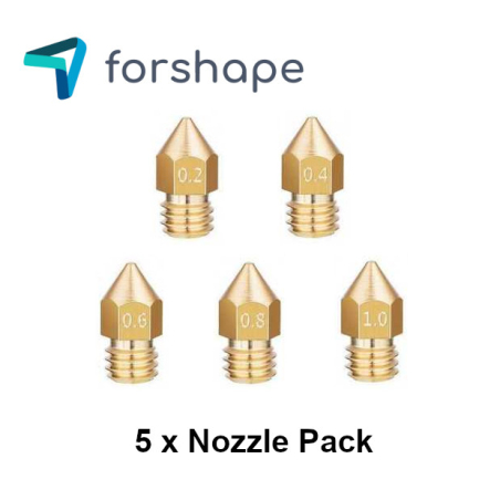 Pack of 5 MK8 Brass Nozzles Forshape (0.2mm, 0.4mm, 0.6mm, 0.8mm,1.0mm)